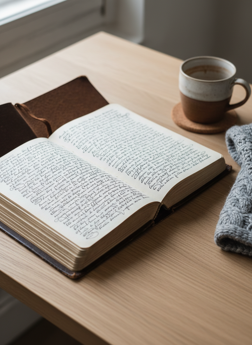 A thick, well-worn hardcover journal lying open on a natural oak desk, its cream pages filled with dense, handwritten reflections that are just abstract enough to be unreadable. A ceramic mug with faint tea stains rests nearby on a cork coaster, beside a softly folded gray knit blanket. Diffused overcast daylight filters through an unseen window, casting gentle, non-directional light that creates a calm, even tone with soft shadows at the page edges. Shot at eye level with a shallow depth of field so the center of the journal is in crisp focus while the background melts into a soft blur. The mood is safe, private, and contemplative, with clean, photographic realism and a minimalist, professional aesthetic.