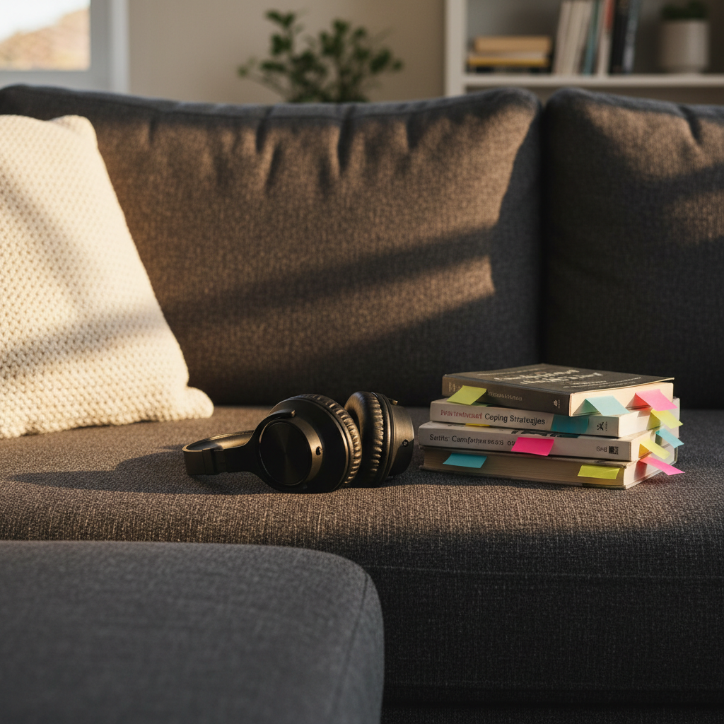 A pair of slightly worn, noise-cancelling over-ear headphones resting on a dark charcoal fabric couch, next to a small stack of dog-eared mental health books with color-coded sticky notes protruding. A textured throw pillow is slumped into the corner of the couch, showing the subtle indent of recent use. Late afternoon natural light spills in from the left, creating soft, warm highlights along the headphone band and gentle shadows in the couch creases. Captured from a slightly elevated angle using rule-of-thirds composition, with sharp focus on the headphones and a gradually blurred background. The atmosphere feels quietly supportive and non-judgmental, evoking the sense of a private, safe listening space. Photographic realism with a clean, modern, lived-in look.
